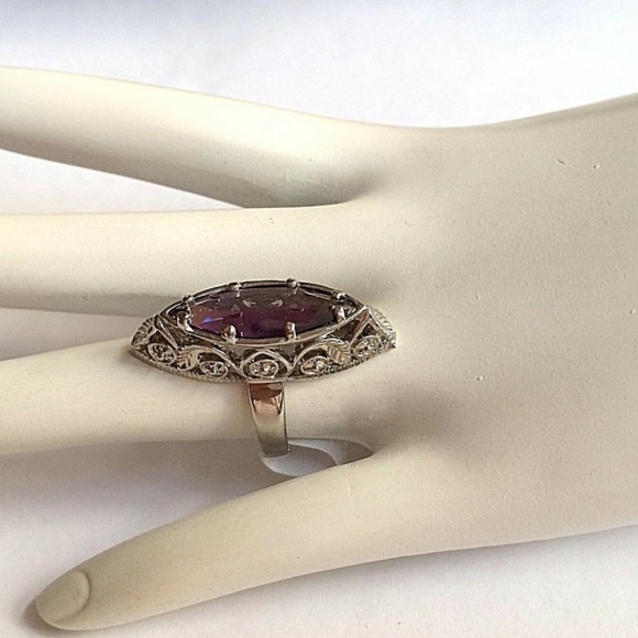 Silver Art Deco Amethyst Cocktail Ring Size 6 9 Rhodium Plated Filigree Vintage - Picture 5 of 8